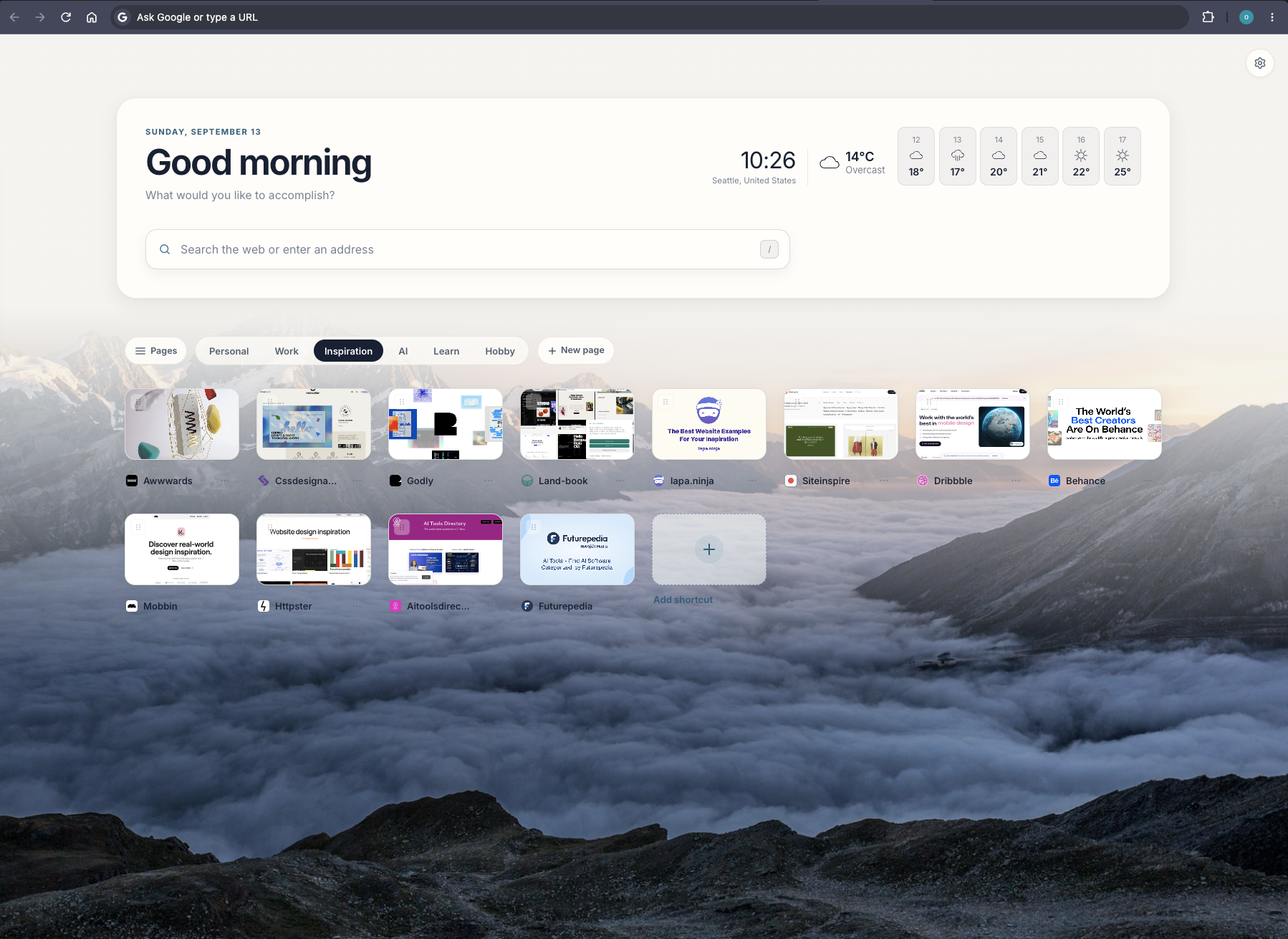 Poligon new tab dashboard with a desert background, clock, weather and visual bookmarks